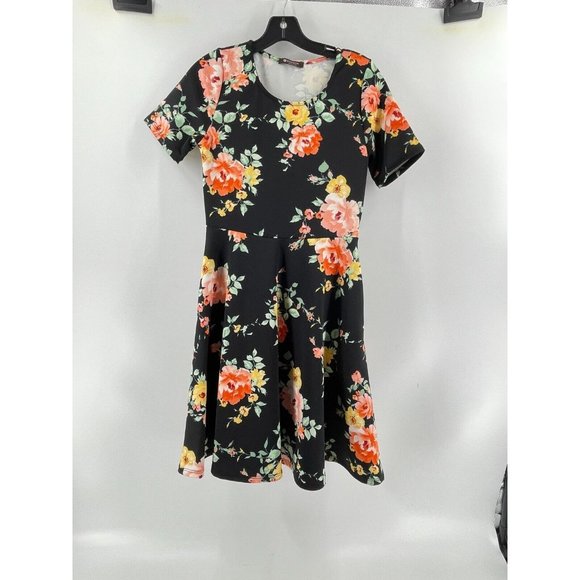 BomBom Women's Short Sleeve Black Floral Stretch A Line Dress Size Small - Picture 2 of 12